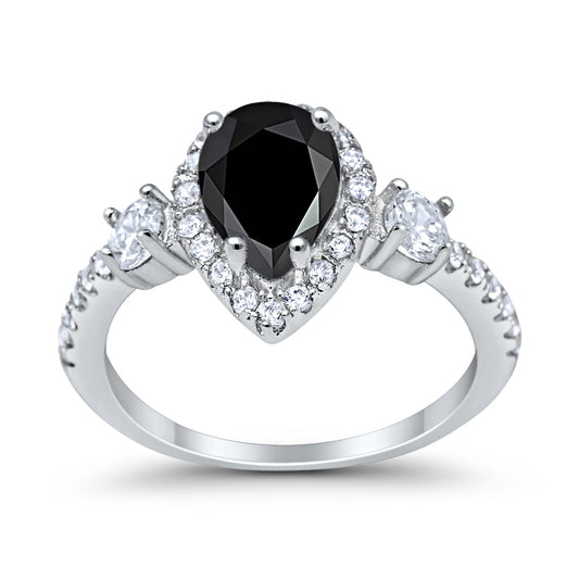 Three Stone Halo Teardrop Fashion Ring Pear Simulated Black CZ