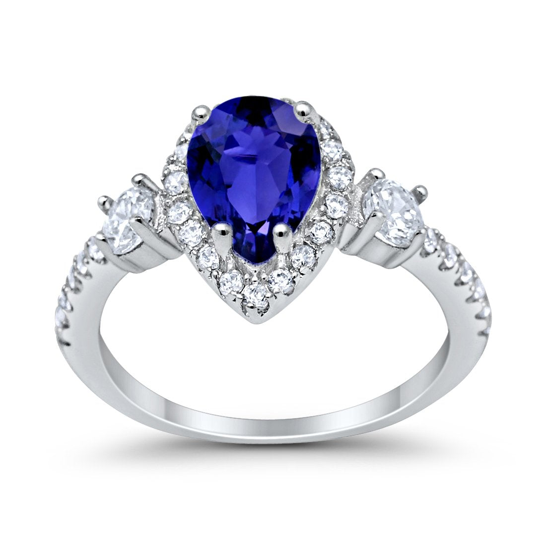 3-Stone Teardrop Ring Pear Simulated Blue Sapphire CZ