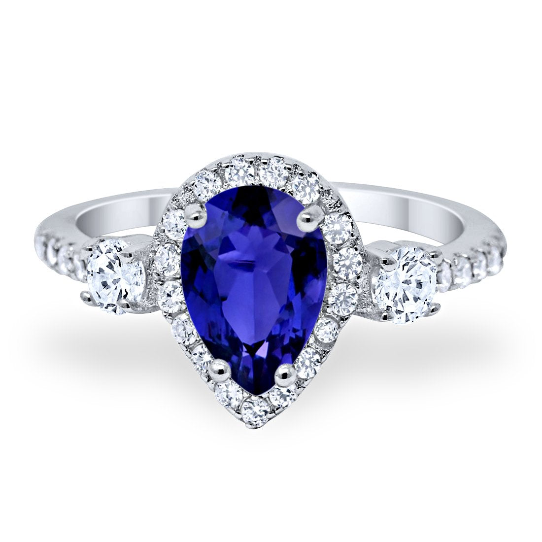 3-Stone Teardrop Ring Pear Simulated Blue Sapphire CZ