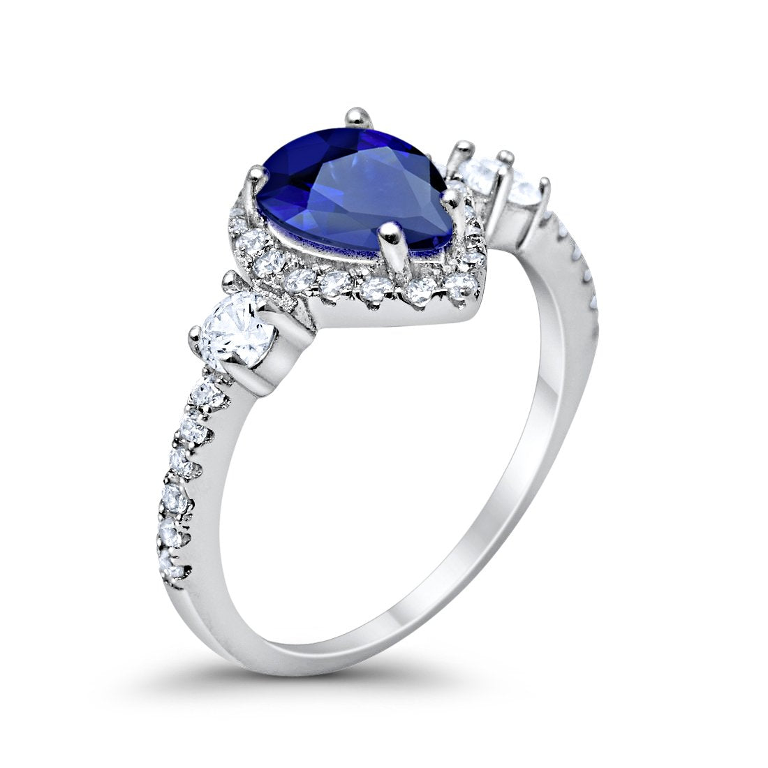 3-Stone Teardrop Ring Pear Simulated Blue Sapphire CZ