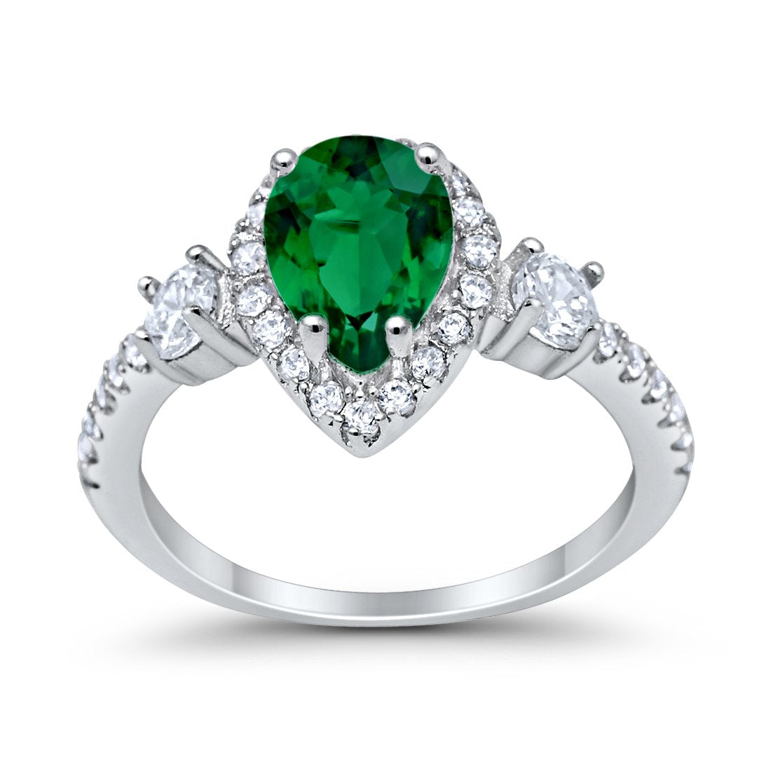 3-Stone Teardrop Ring Pear Simulated Green Emerald CZ