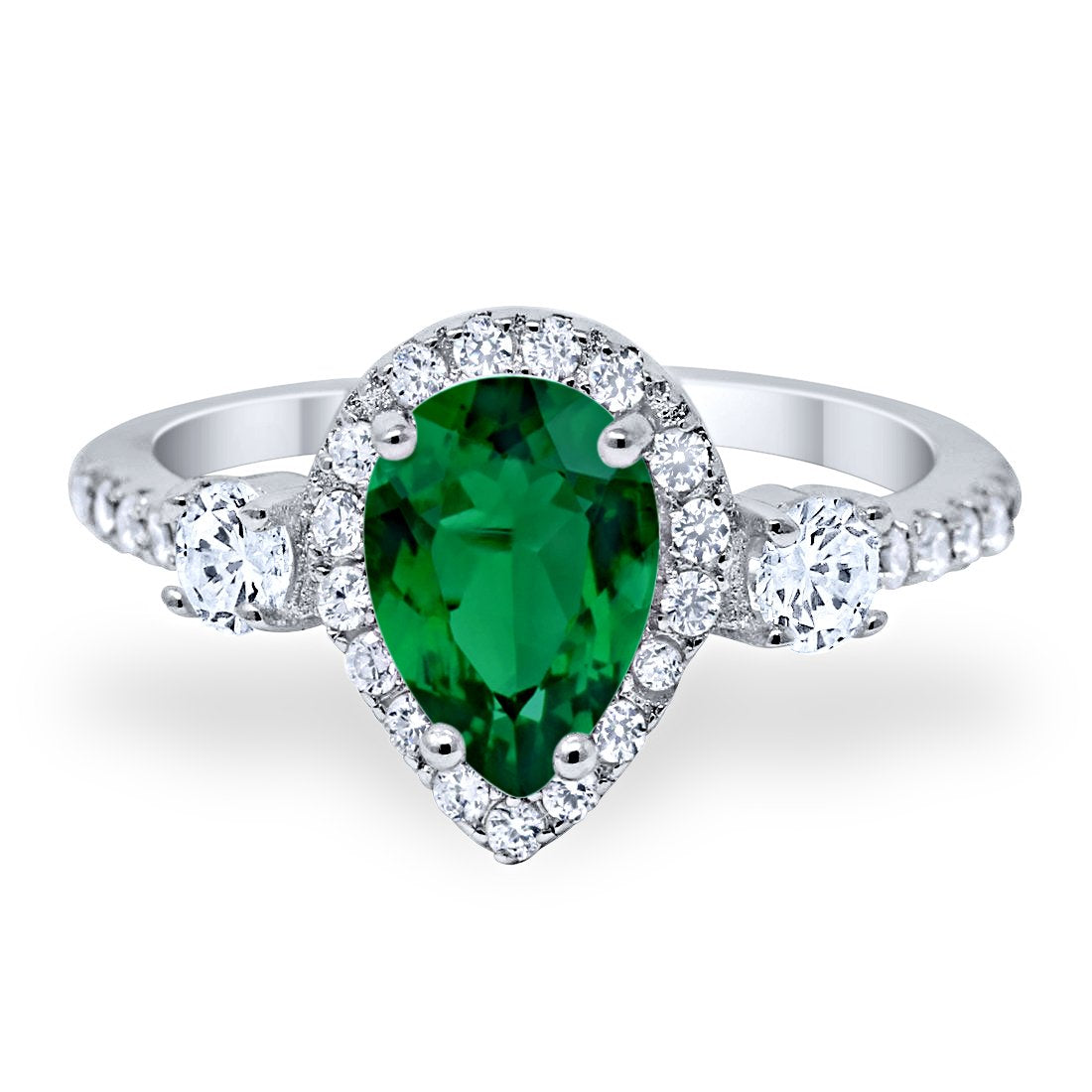 3-Stone Teardrop Ring Pear Simulated Green Emerald CZ