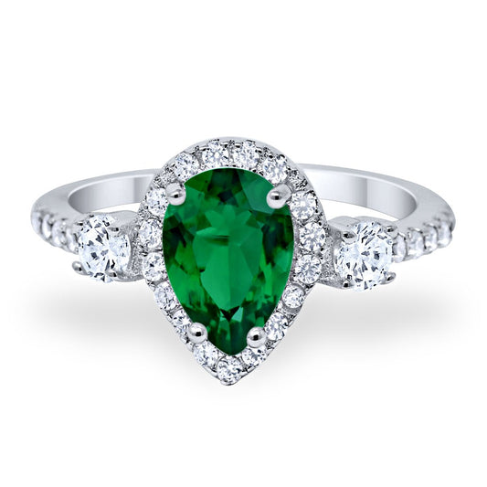 3-Stone Teardrop Ring Pear Simulated Green Emerald CZ