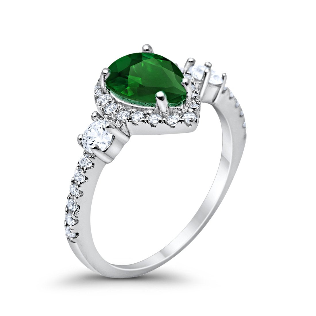 3-Stone Teardrop Ring Pear Simulated Green Emerald CZ