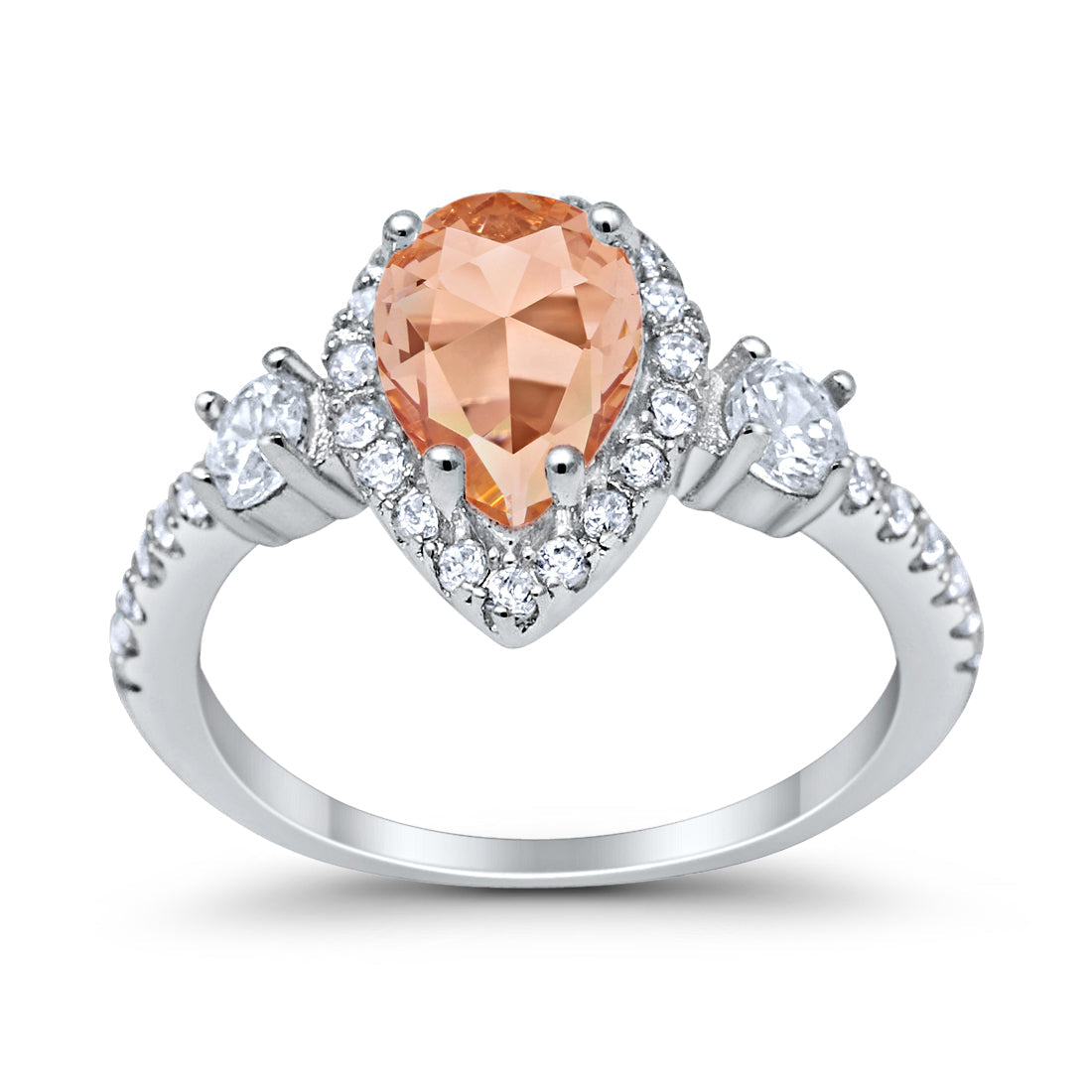 Three Stone Halo Teardrop Fashion Ring Pear Simulated Morganite CZ