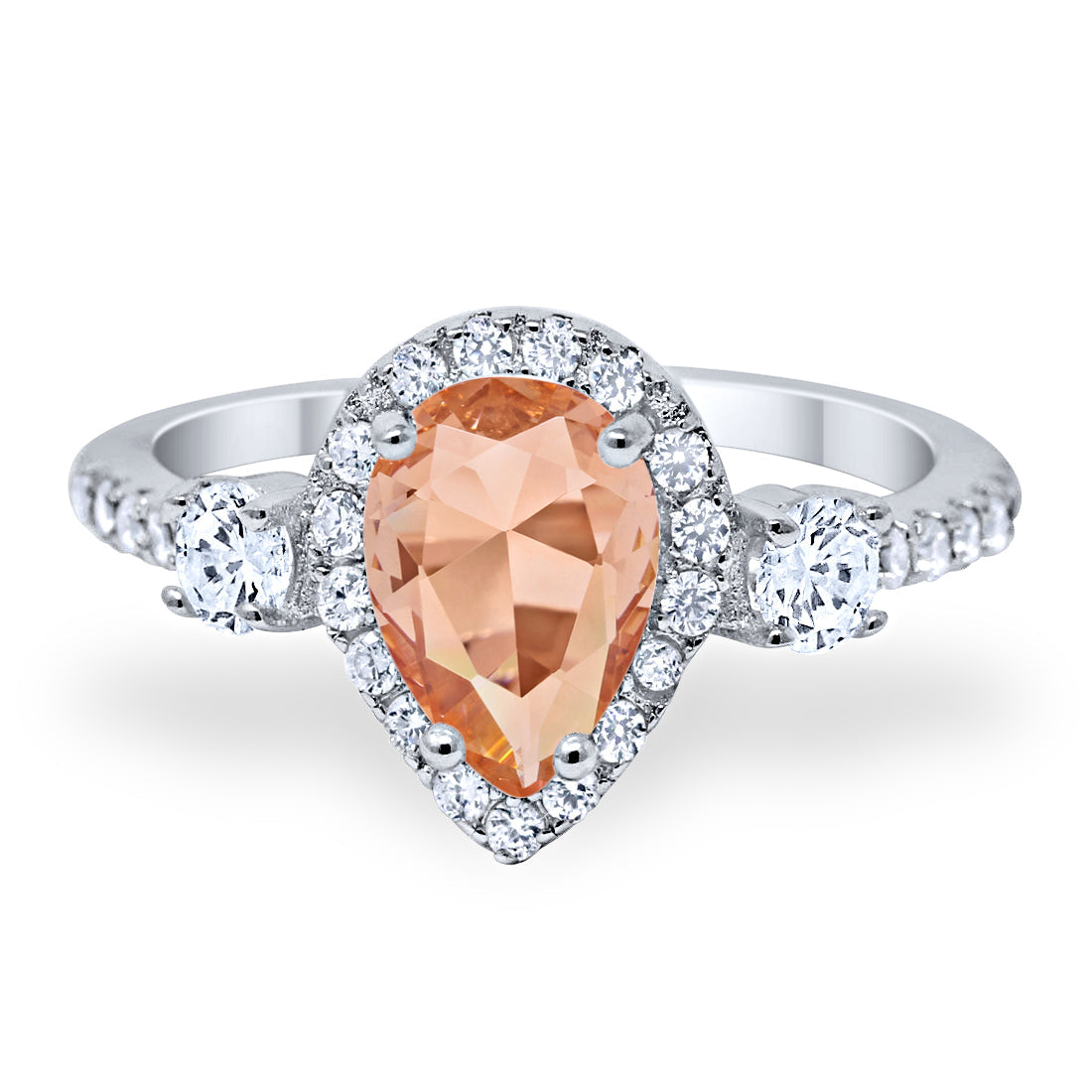 Three Stone Halo Teardrop Fashion Ring Pear Simulated Morganite CZ