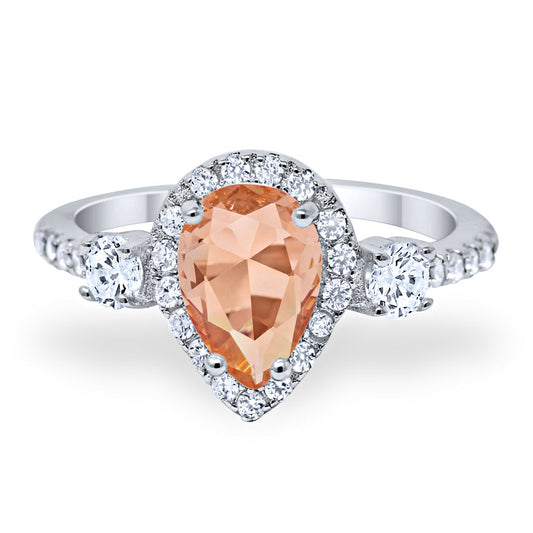 Three Stone Halo Teardrop Fashion Ring Pear Simulated Morganite CZ