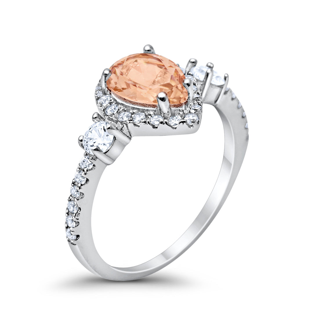 Three Stone Halo Teardrop Fashion Ring Pear Simulated Morganite CZ