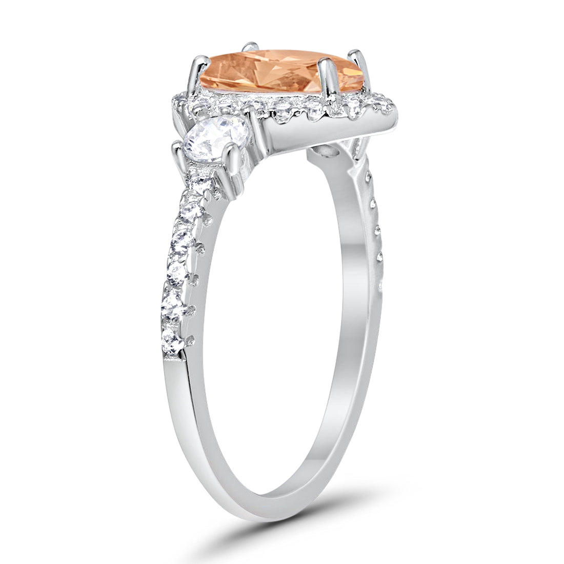 Three Stone Halo Teardrop Fashion Ring Pear Simulated Morganite CZ