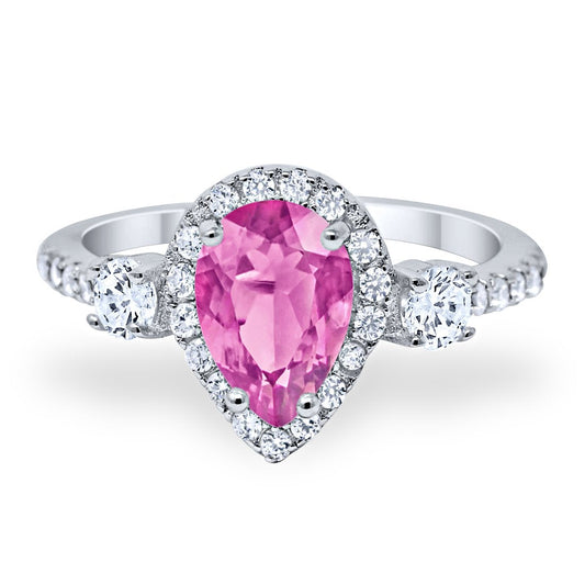 3-Stone Halo Teardrop Simulated Pink CZ Fashion Ring