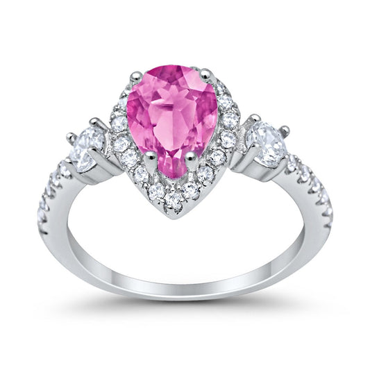 3-Stone Halo Teardrop Simulated Pink CZ Fashion Ring