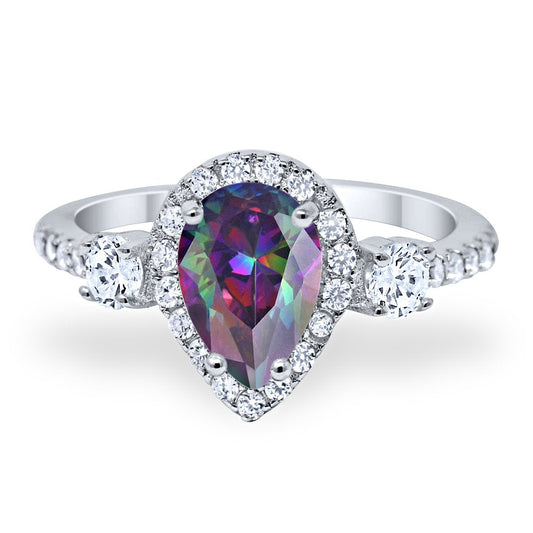 3-Stone Halo Teardrop Simulated Rainbow CZ Fashion Ring