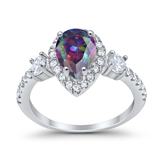 3-Stone Halo Teardrop Simulated Rainbow CZ Fashion Ring