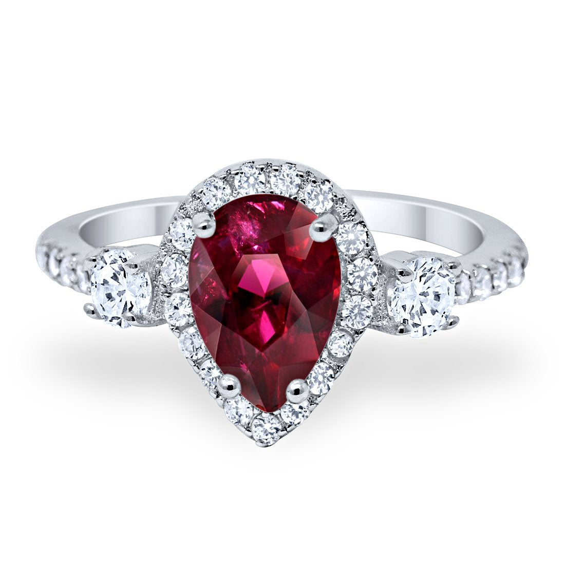 3-Stone Teardrop Ring Pear Simulated Ruby CZ