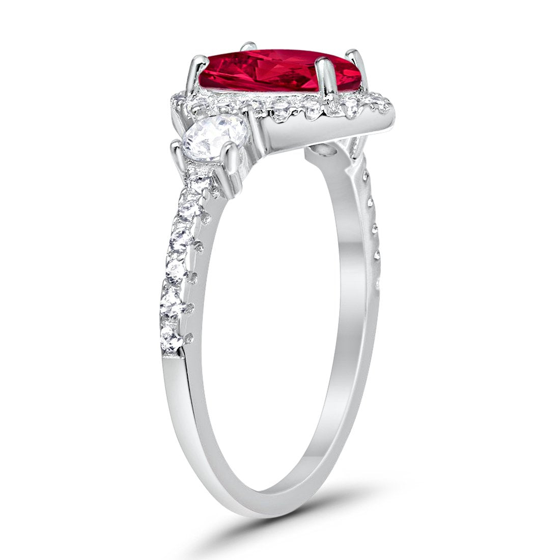 3-Stone Teardrop Ring Pear Simulated Ruby CZ