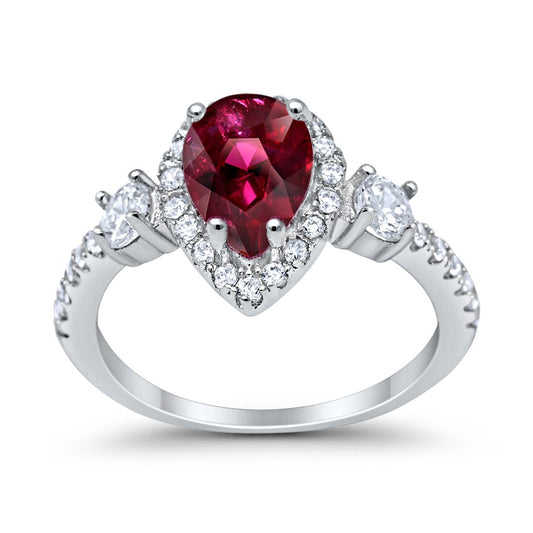 3-Stone Teardrop Ring Pear Simulated Ruby CZ