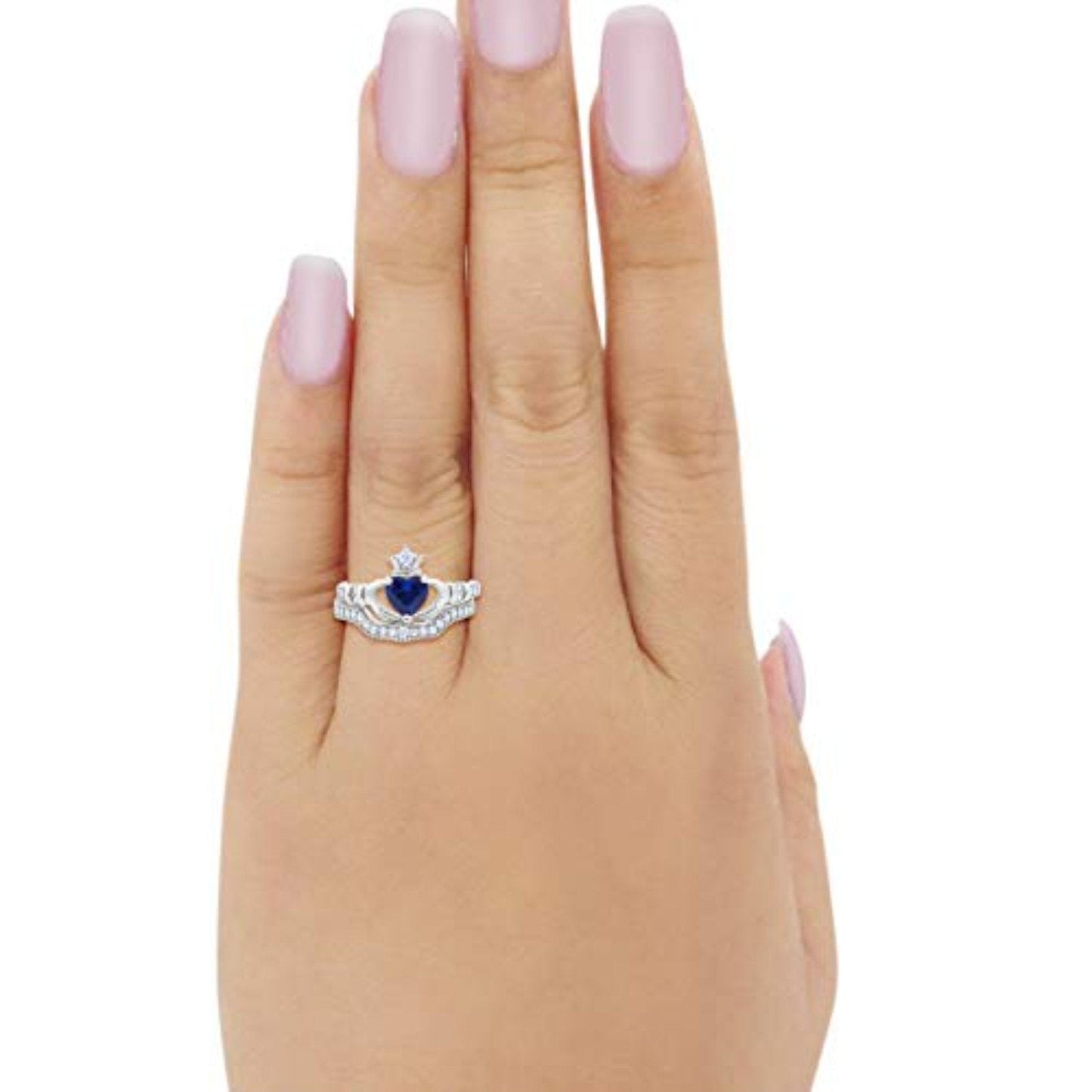 Two Piece Claddagh Ring Band Heart Simulated Blue Sapphire CZ