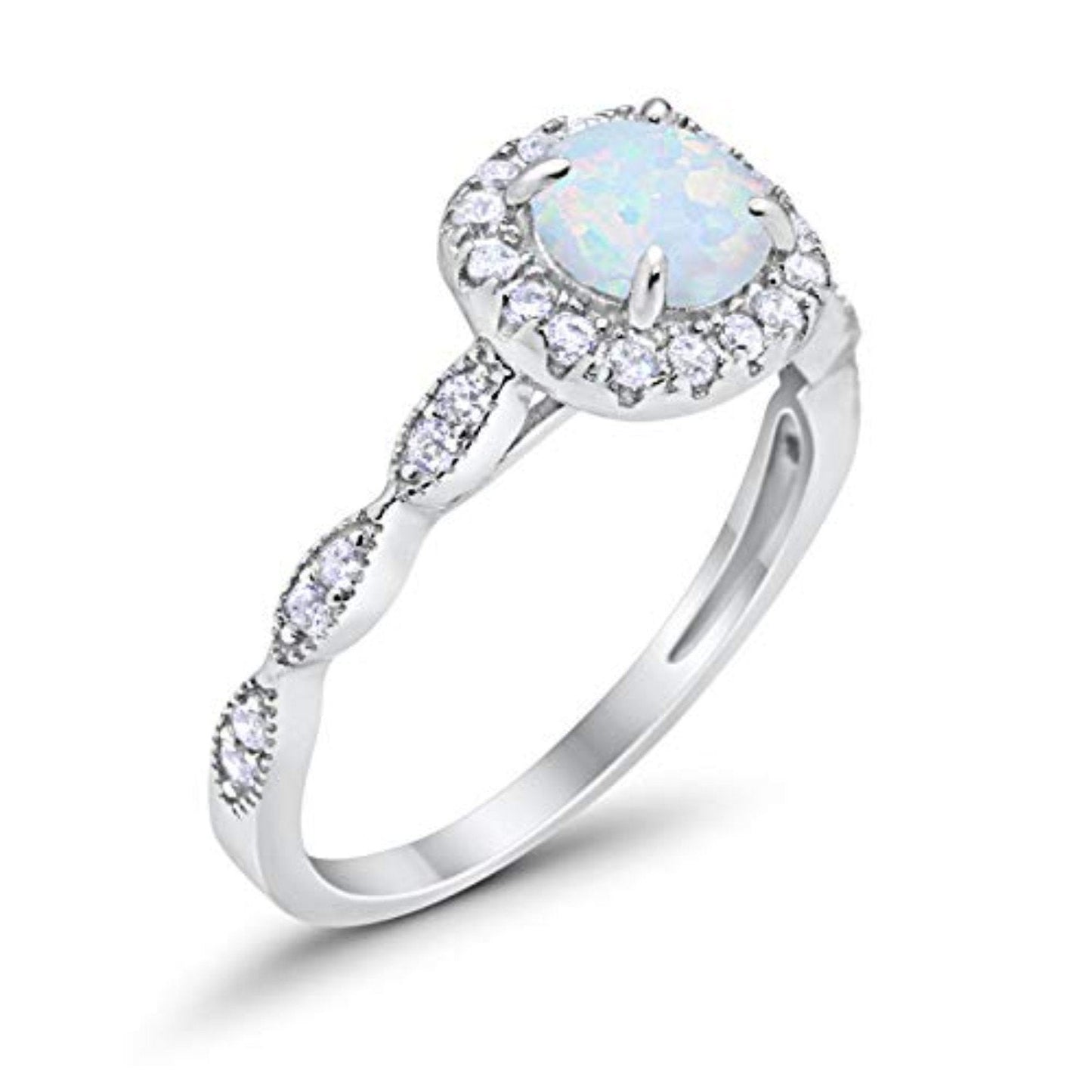 Art Deco Wedding Ring Round Lab Created White Opal Solid