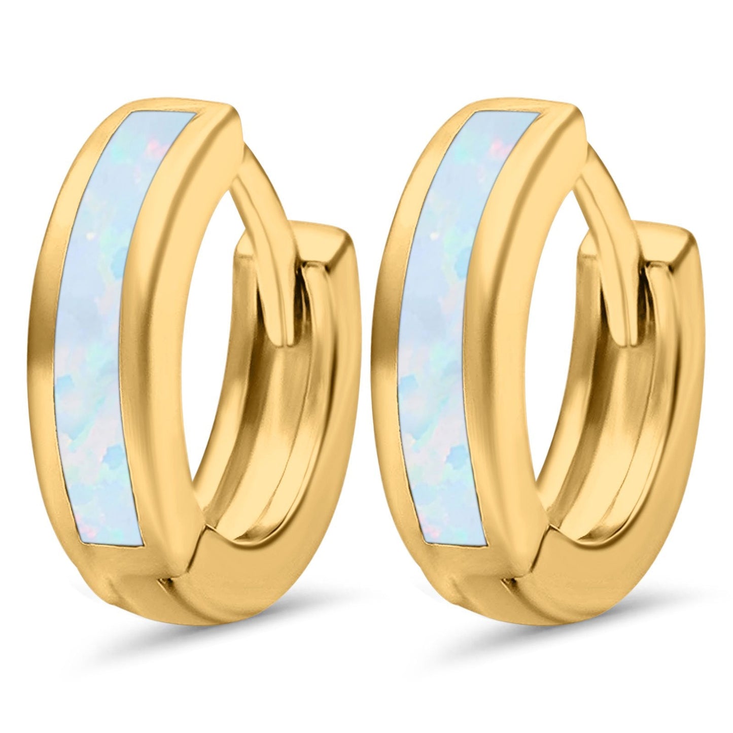 Yellow Tone, Lab Created White Opal Hoop Huggie Earrings