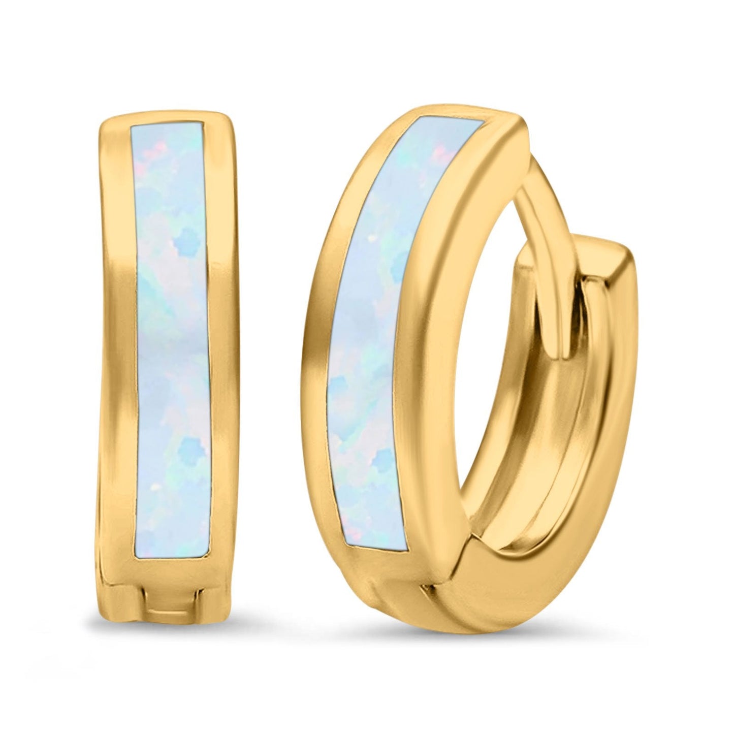 Yellow Tone, Lab Created White Opal Hoop Huggie Earrings