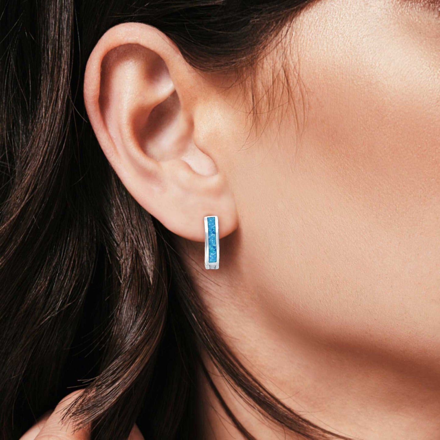 Lab Created Blue Opal Hoop Huggie Earrings