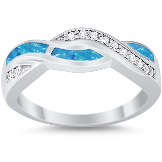 Half Eternity Weave Knot Lab Created Blue Opal Crisscross Ring