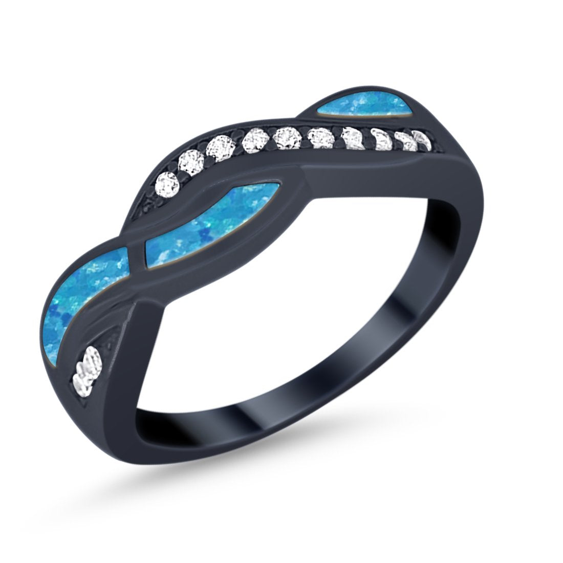 Half Eternity Weave Knot Lab Created Blue Opal Black Tone Crisscross Ring