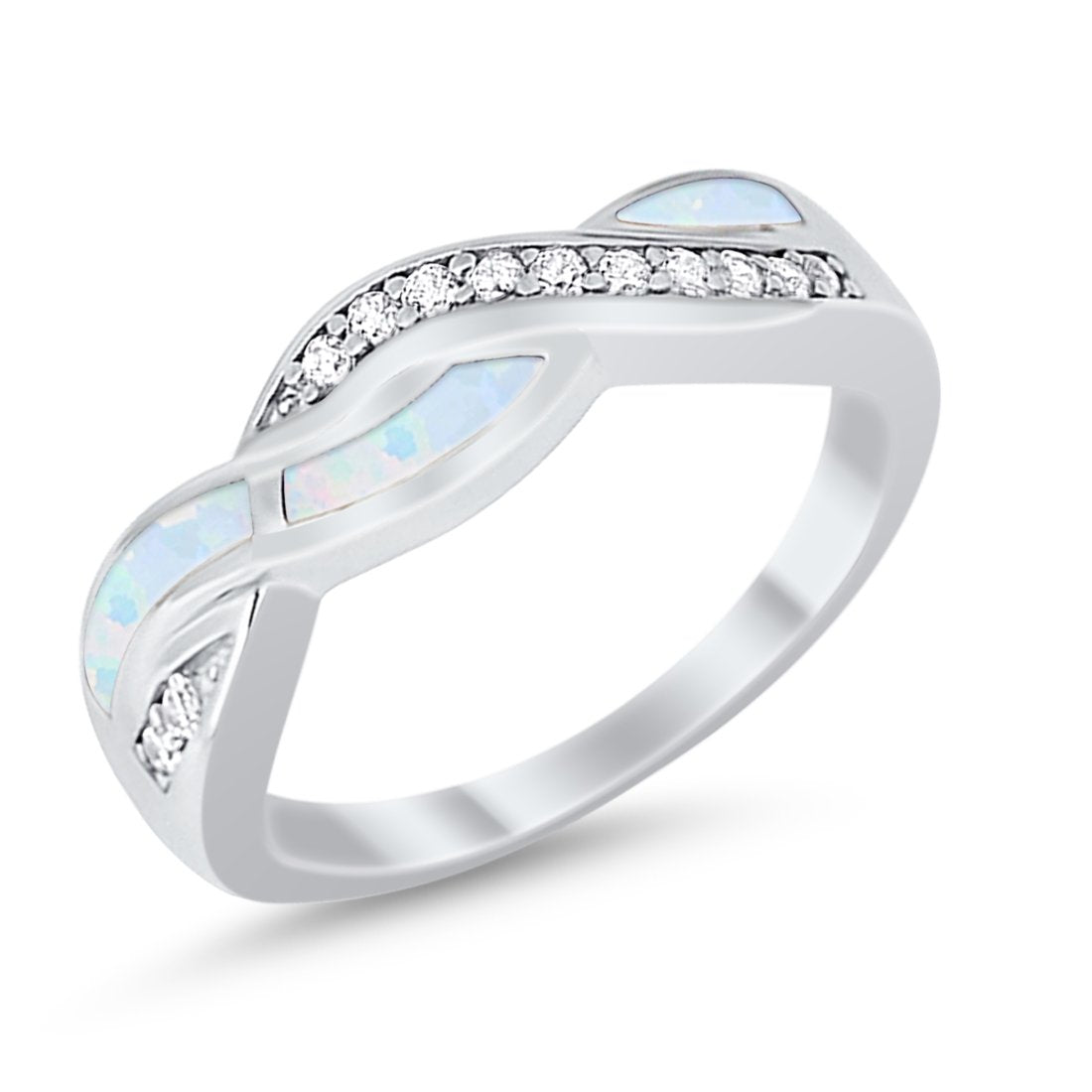 Half Eternity Weave Knot Lab Created White Opal Crisscross Ring