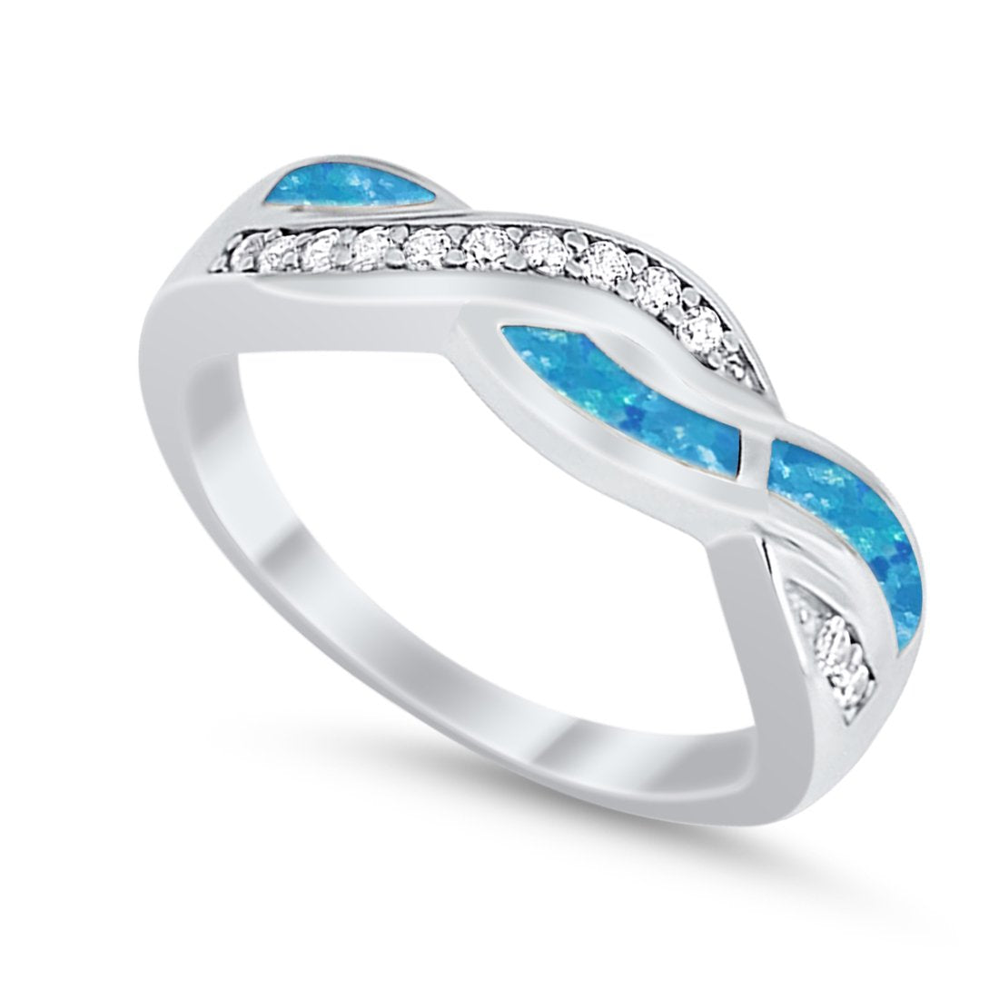 Half Eternity Weave Knot Lab Created Blue Opal Crisscross Ring