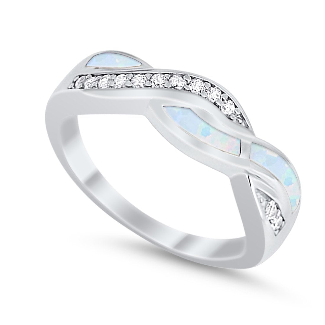 Half Eternity Weave Knot Ring Crisscross Lab Created White Opal