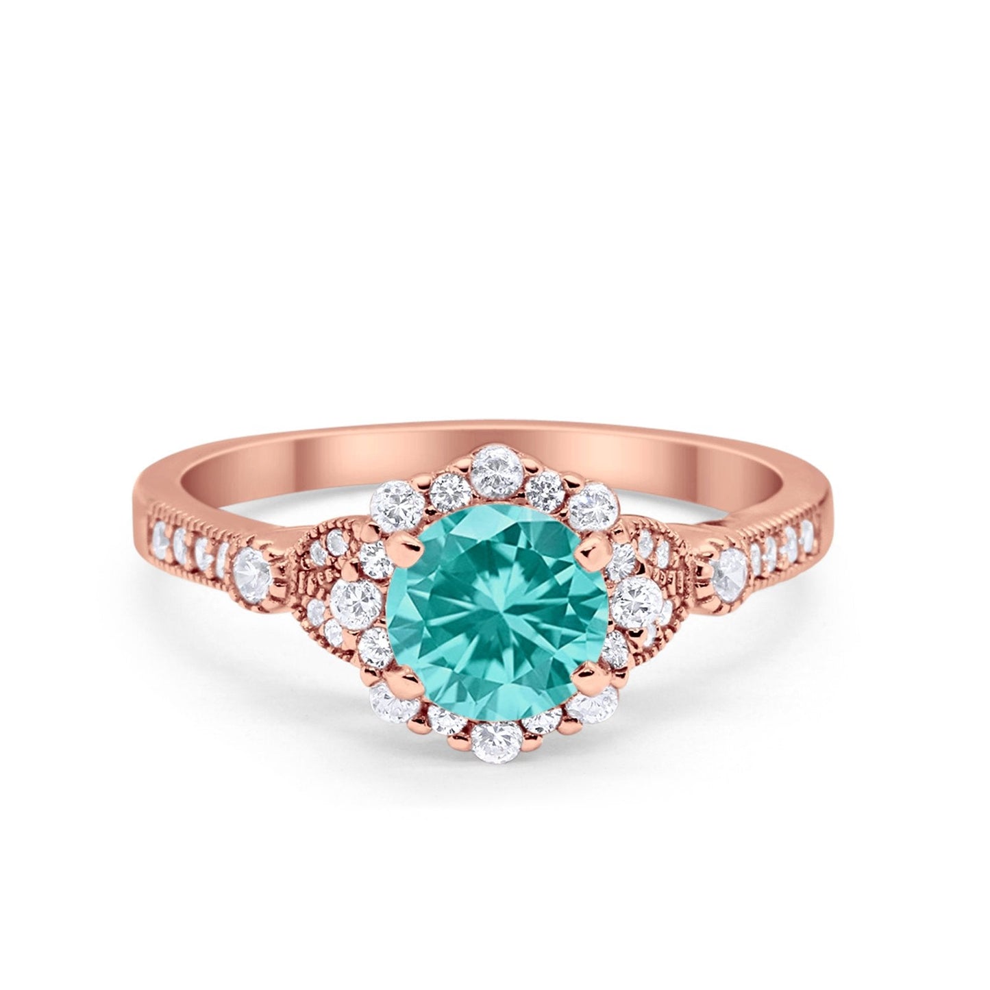 Floral Art Deco Engagement Ring Rose Tone, Simulated Paraiba Tourmaline CZ