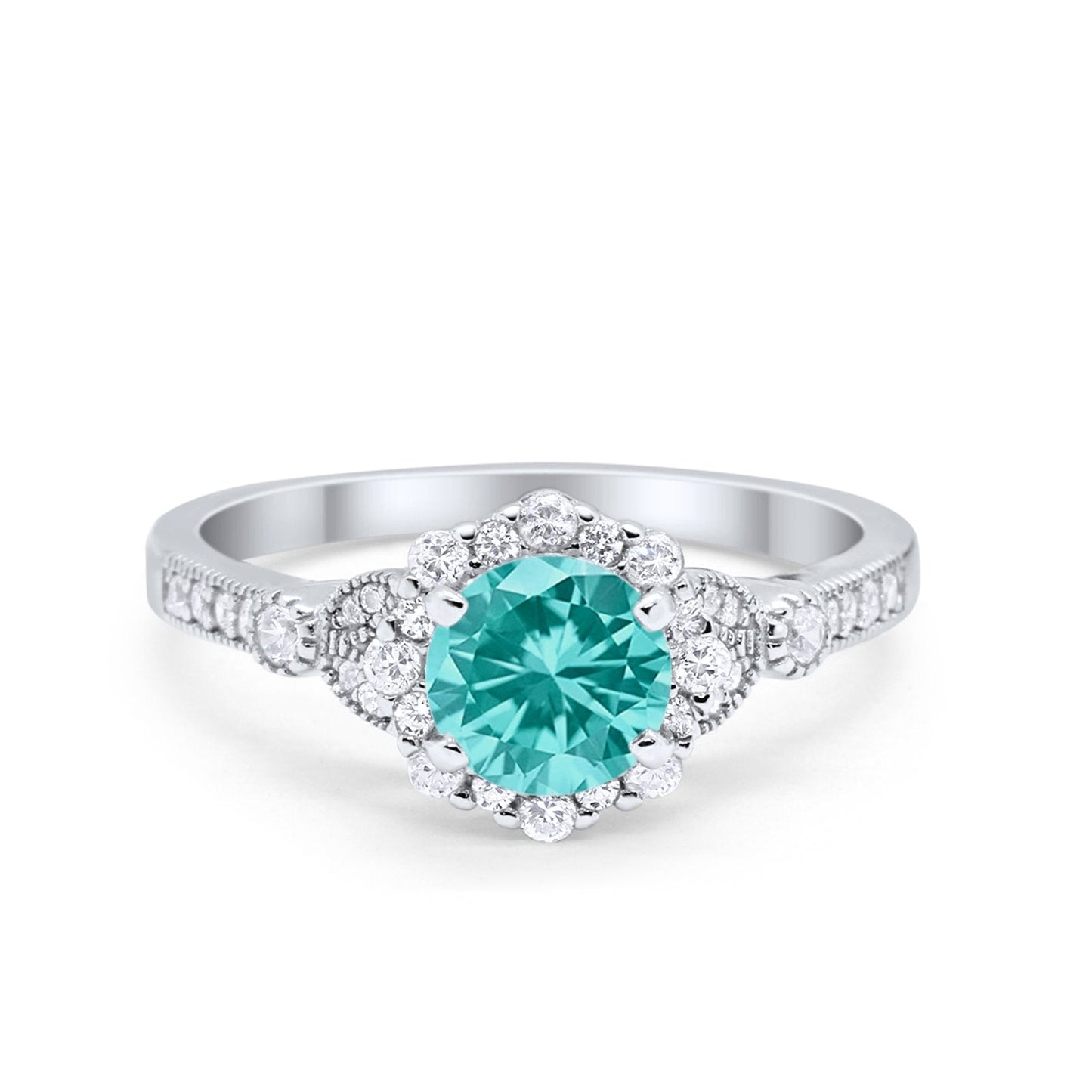 Floral Art Deco Engagement Ring Simulated Paraiba Tourmaline CZ