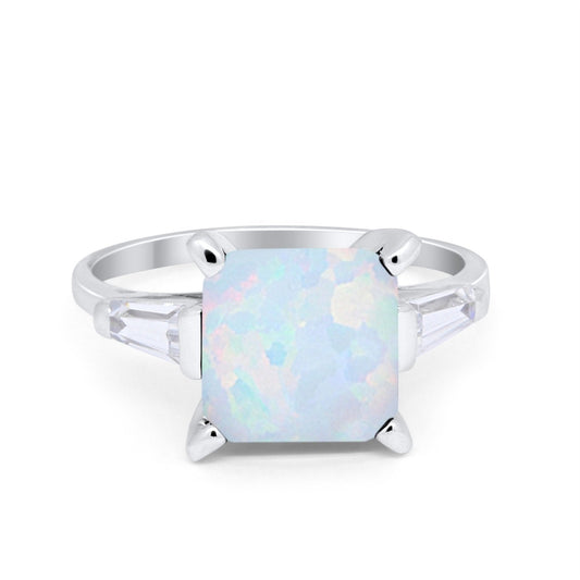 Princess Cut Baguette Lab Created White Opal Wedding Ring