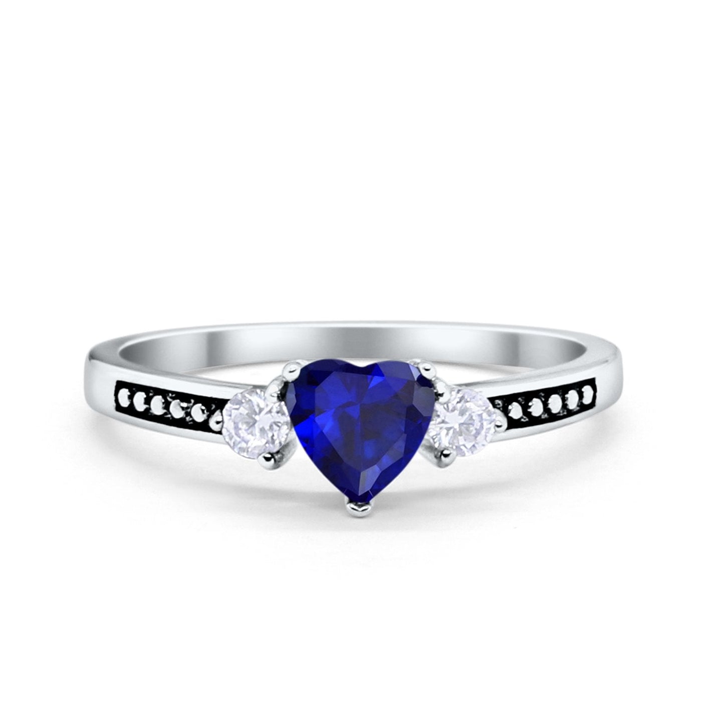 Heart Promise Ring Simulated Blue Sapphire CZ Black Accent