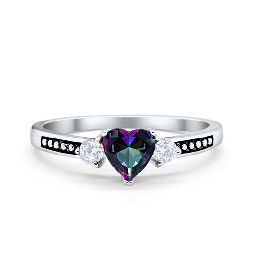 Heart Promise Ring Simulated Rainbow Topaz Black Accent