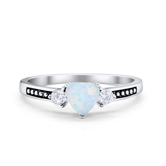 Heart Lab Created White Opal Black Accent Promise Ring