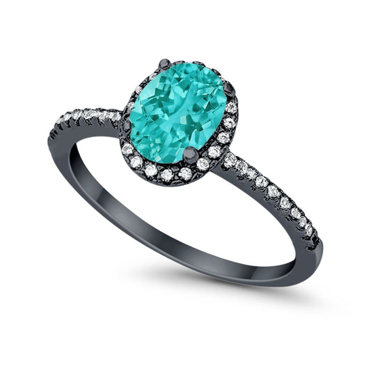 Halo Oval Black Tone, Simulated Paraiba Tourmaline CZ Accent Fashion Ring