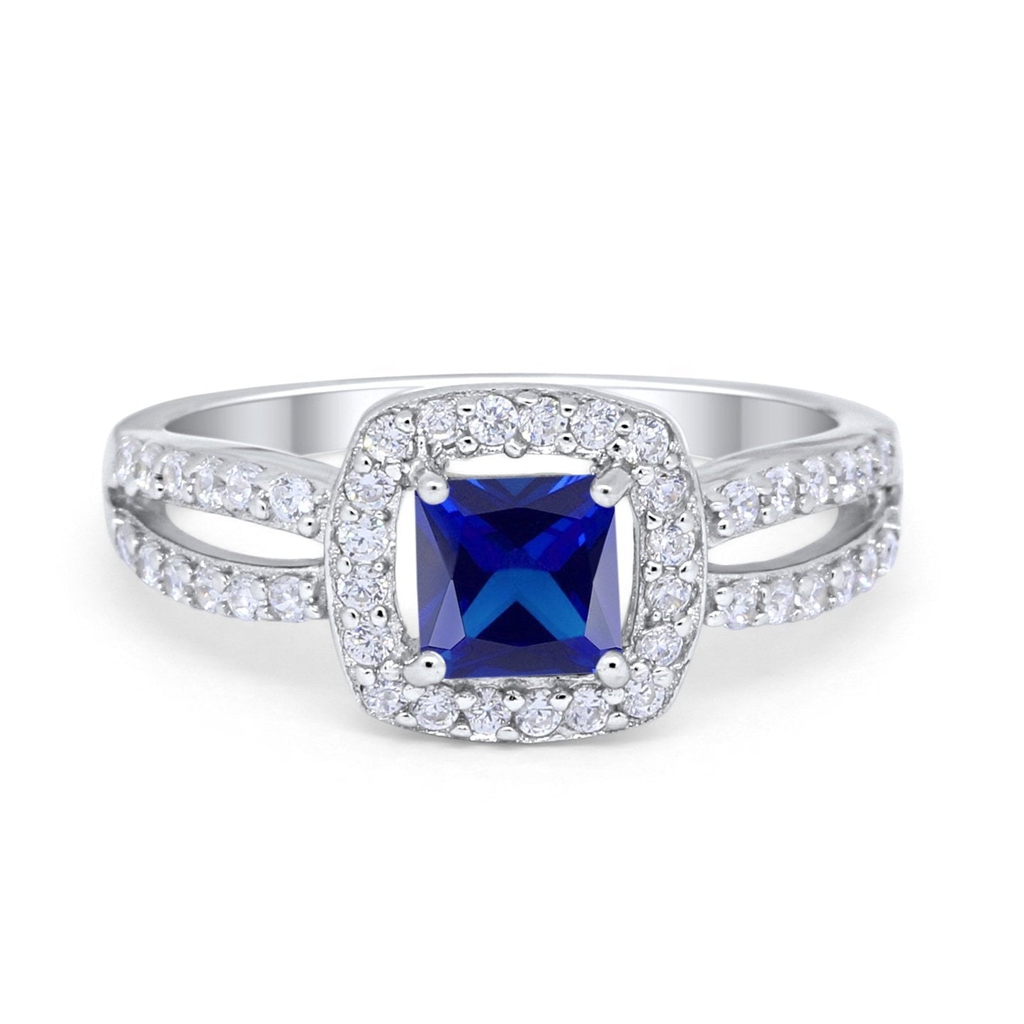 Dazzling Split Shank Engagement Ring Simulated Blue Sapphire CZ