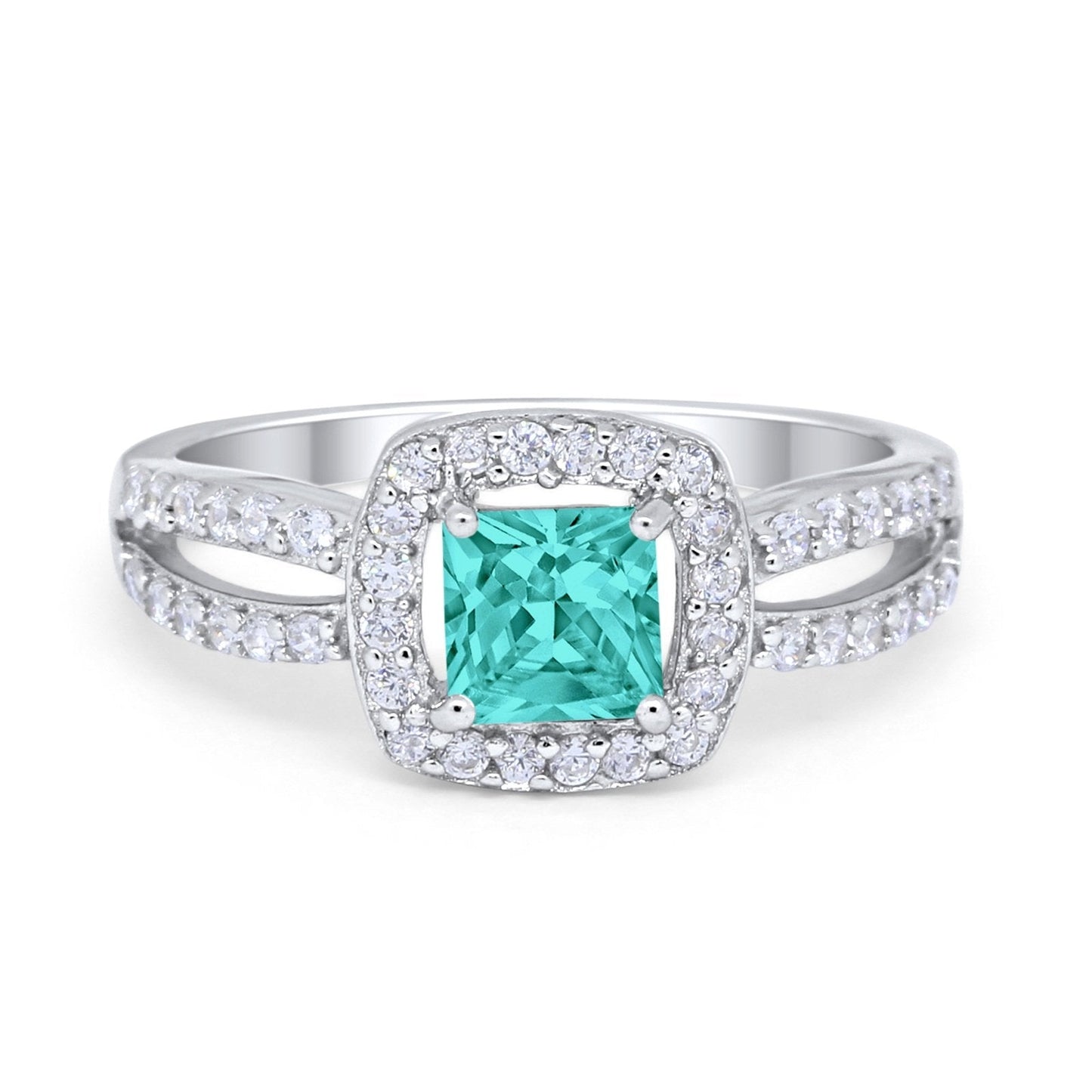 Dazzling Split Shank Engagement Ring Simulated Paraiba Tourmaline CZ