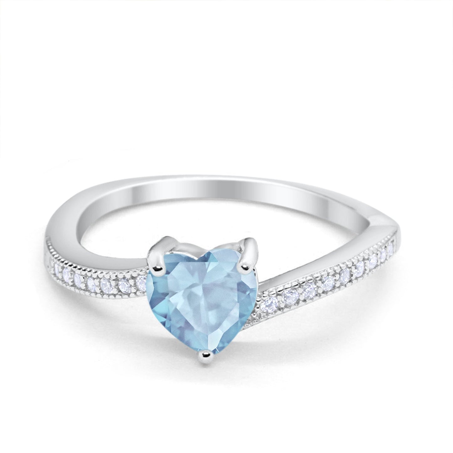 Heart Promise Ring Round Simulated Aquamarine CZ