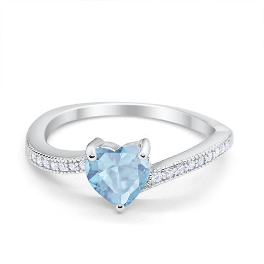 Heart Promise Ring Round Simulated Aquamarine CZ