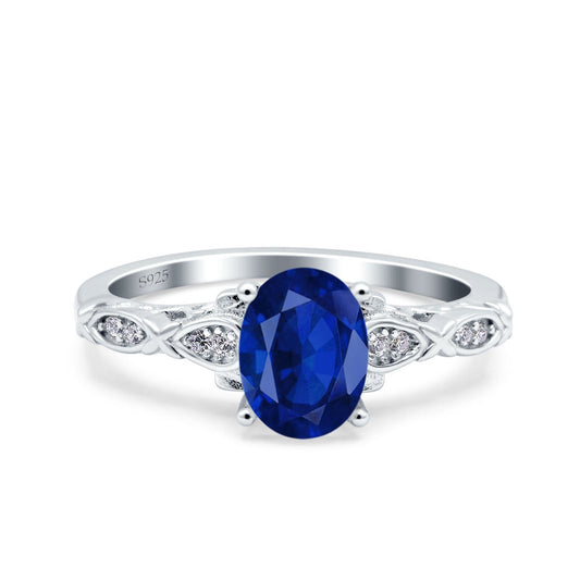 Art Deco Oval Engagement Simulated Blue Sapphire CZ