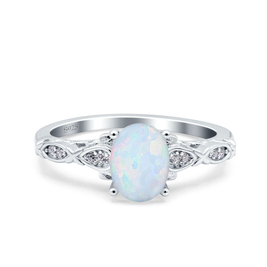 Art Deco Oval Engagement Lab Created White Opal