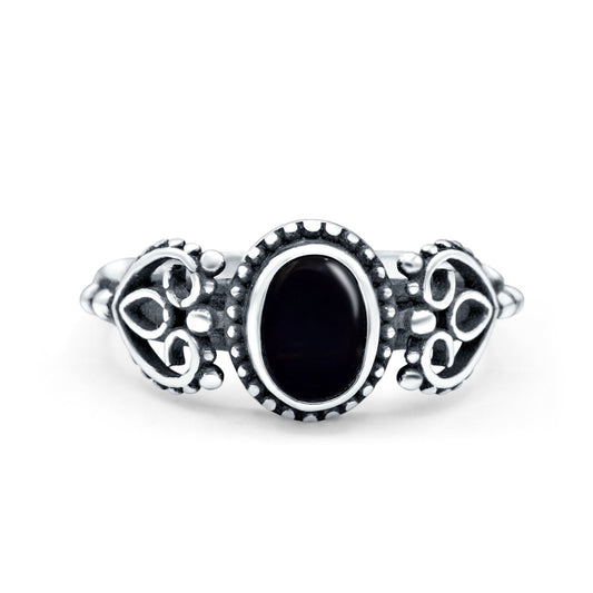 Petite Dainty Oval Solitaire Promise Ring Band Simulated Black Onyx Oxidized Braided