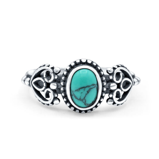 Petite Dainty Oval Solitaire Promise Ring Band Simulated Turquoise Oxidized Braided