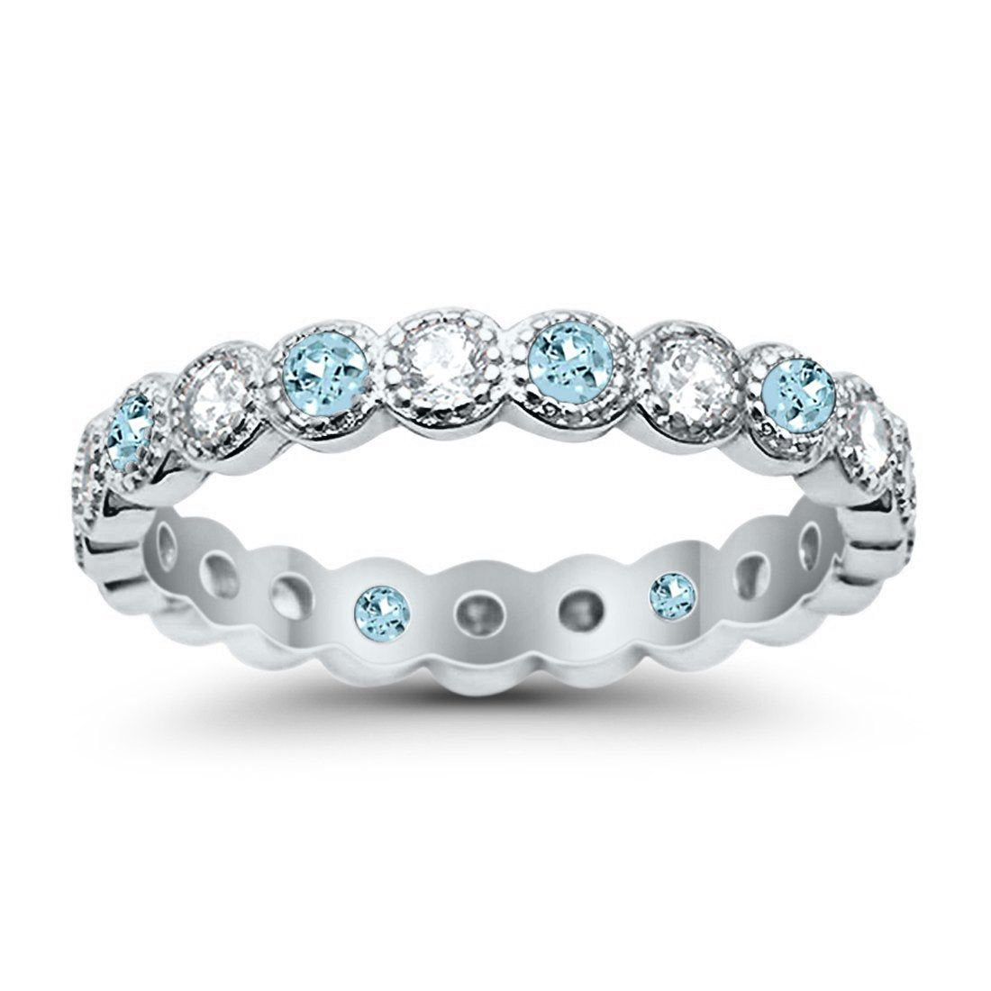 Bezel Set Full Eternity Ring Round Simulated Aquamarine CZ