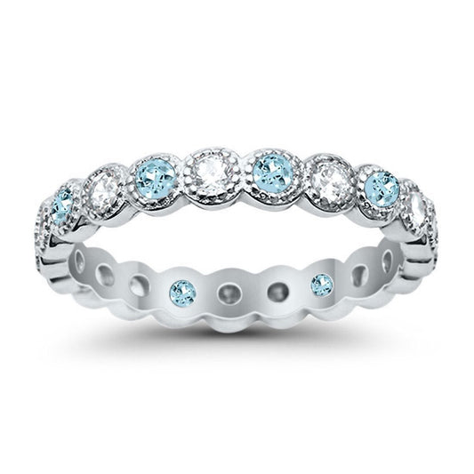 Bezel Set Full Eternity Ring Round Simulated Aquamarine CZ