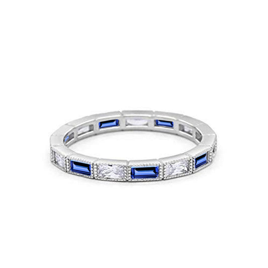 Art Deco Baguette Full Eternity Wedding Band Simulated Blue Sapphire CZ