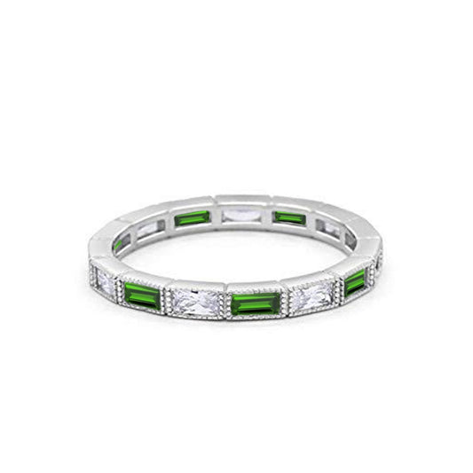 Art Deco Baguette Full Eternity Wedding Band Simulated Green Emerald CZ