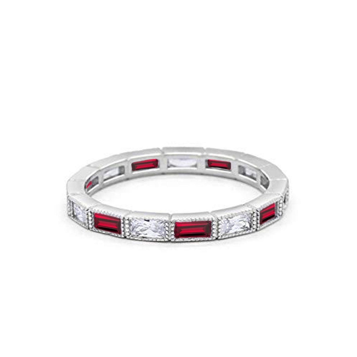 Art Deco Baguette Full Eternity Wedding Band Simulated Ruby CZ